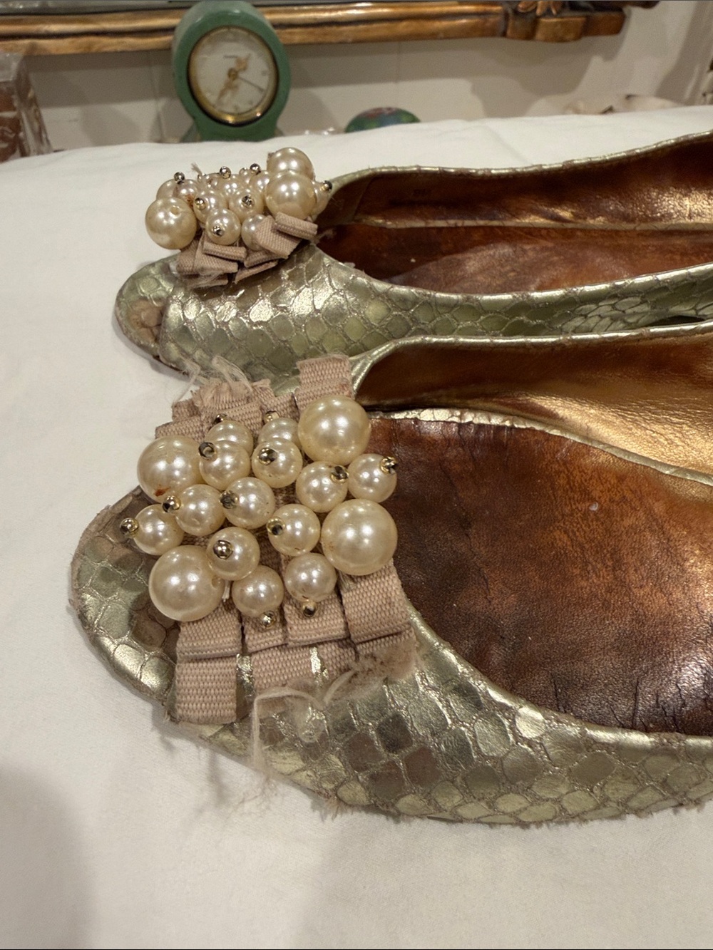 kate spade Gold Pearl-Embellished Peep-Toe Flats - Picture 4 of 6
